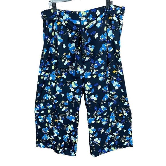 Halogen Crop Pants Wide Leg Black Blue White Floral Elastic Waist Belt 1X - Picture 1 of 14